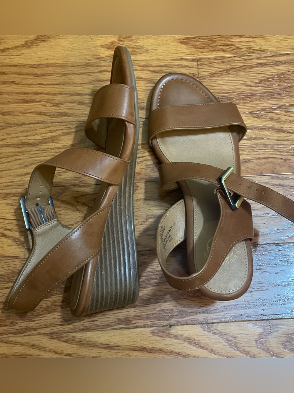 White Mountain Cognac Tan Wedge Sandals with Ankle Buckle